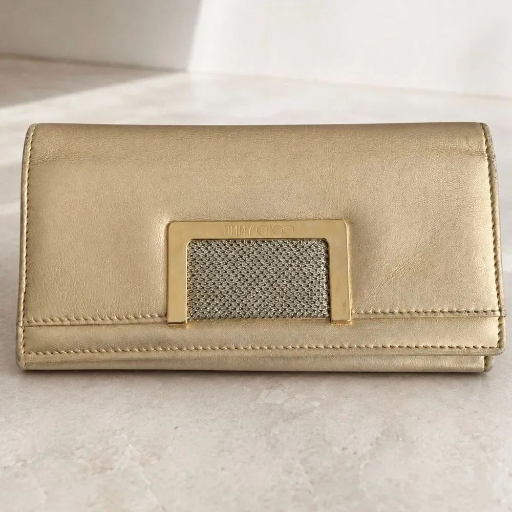 Jimmy Choo Gold Leather Bifold Wallet – Authentic Metallic Glitter Clutch - COA